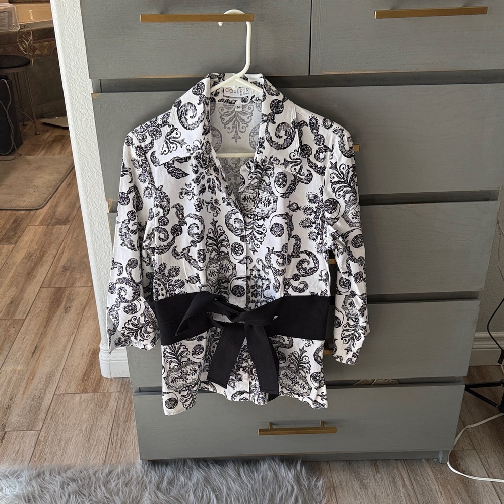 Finley Black and White Paisley Button-Down Shirt with Waist Tie